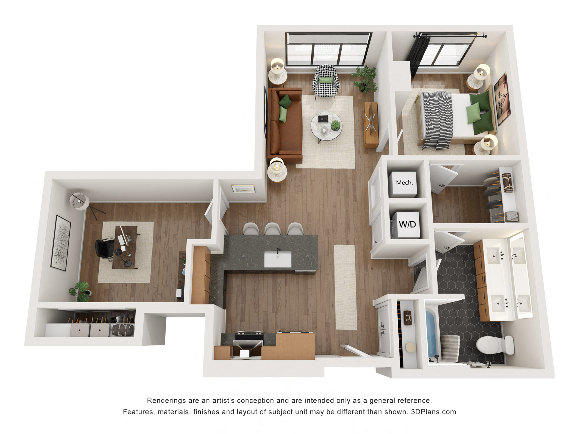 Floor plan for 1 bed, 1 bath, 876 sqft